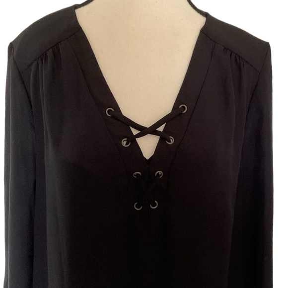 $10$ add on Luxology Black sheer chiffon layered Lace-Up 3/4 Sleeve Dress Size 8 - Picture 3 of 10